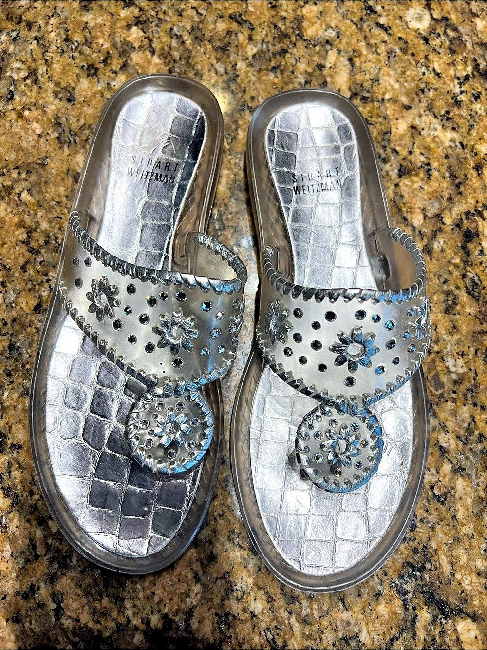 Stuart Weitzman Silver Jeweled Jelly Slide Sandals